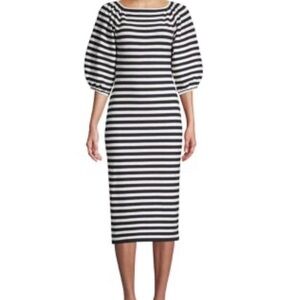 Eliza J White and Blue Sheath Dress with Puff Sleeves